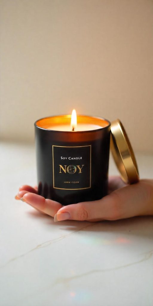 נר סויה ריחני ביד, עם להבה בוערת, על רקע בהיר ומרגיע, מתאים לשיפור האווירה בבית.