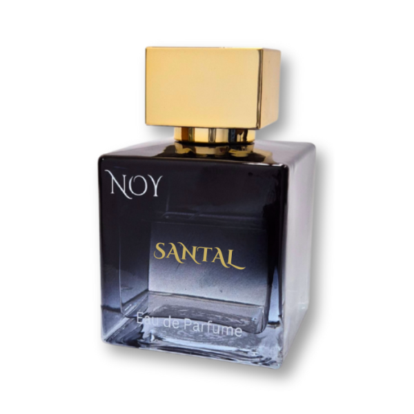 בקבוק בושם "Santal" של NOY, עם מכסה מוזהב ועיצוב אלגנטי, מתאים לשימוש יומיומי.