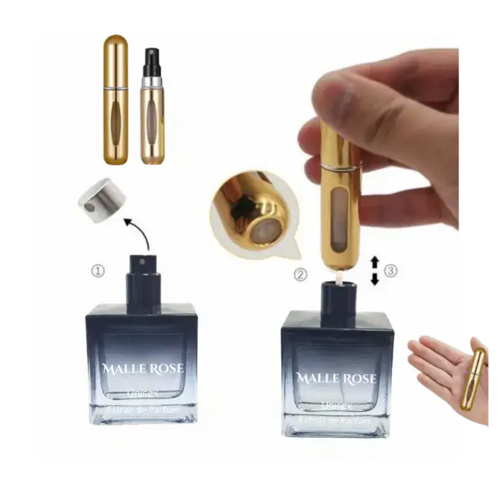 מכשיר למילוי בשמים בקבוקון, מתאים לשימוש אישי ונוח לנשיאה בכל מקום.