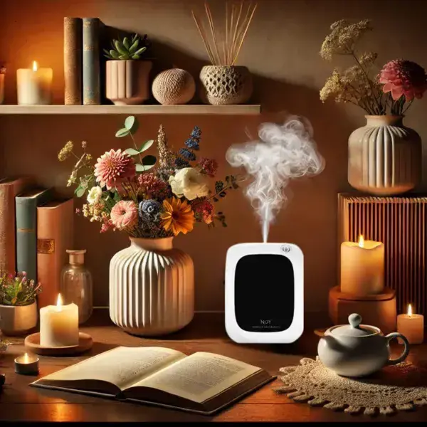מפיץ ריח חשמלי ליד נרות ריחניים ופרחים, יוצא ממנו עשן ריחני, אווירה נעימה בבית.