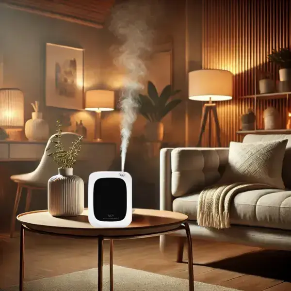 מפיץ ריח חשמלי בשימוש בסלון, מפיץ ריח לבית עם אווירה נוחה ונרות ריחניים בסביבה.