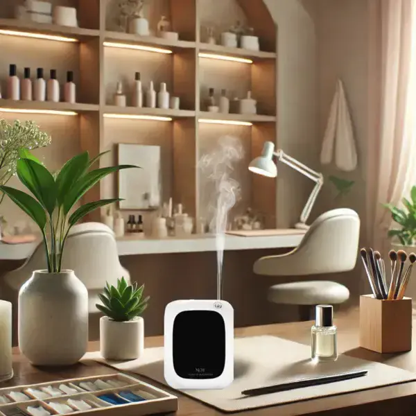 מפיץ ריח מודרני על שולחן עבודה, לצד צמחים, מוצרי טיפוח וכלים לאומנות. ריחות טובים לבית.