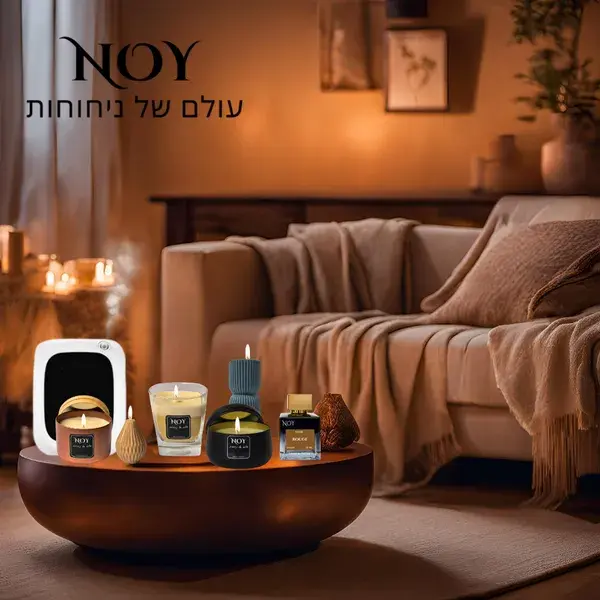 מגוון נרות ריחניים ומפיצי ריח לבית על שולחן עץ בסלון נעים ומואר.