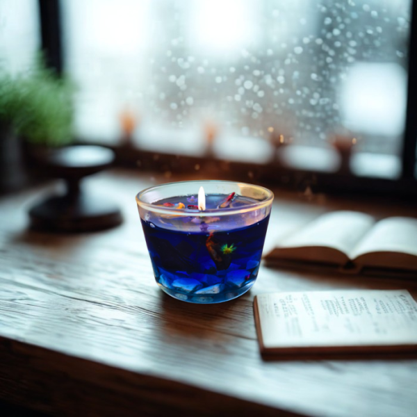 נר סויה ריחני בכוס כחולה, מואר ליד חלון עם טיפות מים, ספר פתוח לידו.