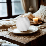 נר סויה ריחני על שולחן עץ, לידו נר נוסף בחדר נעים ומואר. ריחות טובים לבית.