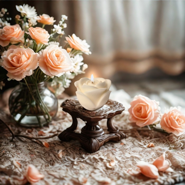נר סויה ריחני בצורת פרח, מואר, לצד פרחי ורד על שולחן מעוטר. ריח טוב לבית.