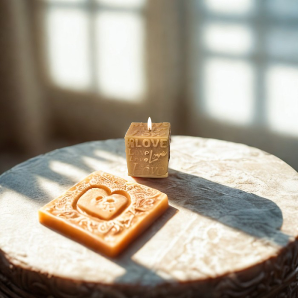 נר סויה ריחני בצורת קוביה עם הכיתוב "LOVE" על שולחן עץ, ליד נר שטוח מעוצב.