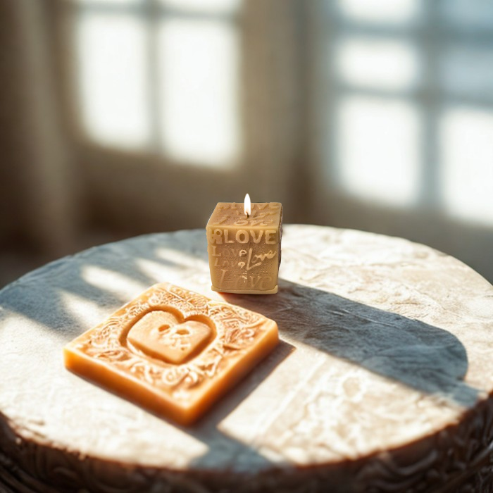 נר סויה ריחני בצורת קוביה עם הכיתוב "LOVE" על שולחן עץ, ליד נר שטוח מעוצב.