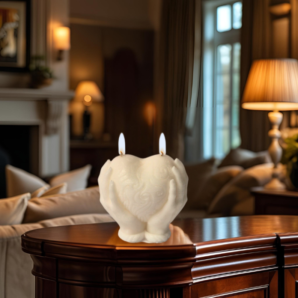 נר סויה ריחני בצורת לב מונח על שולחן עץ, בחלל מגונן ונעים.