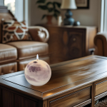 נר סויה ריחני עגלגל מונח על שולחן עץ בחלל מגונן ומעוצב, מוסיף ריח נעים לבית.