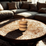 נר סויה ריחני מואר על שולחן עץ, בסלון נעים ומזמין עם ספה רכה.