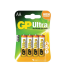 סוללות אלקליניות AA של GP Ultra, ארבעה סוללות באריזת קרטון צבעונית.