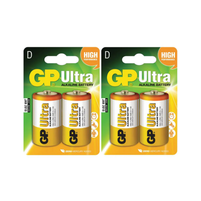 סוללות D סוללות אלקליניות GP Ultra, אריזת 2 סוללות, ביצועים גבוהים ואמינים לשימוש יומיומי.